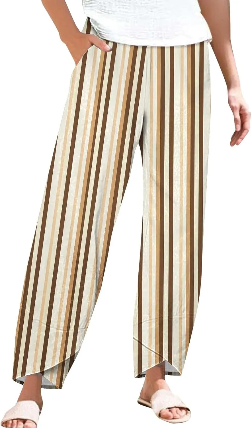 Women's Striped Printed Elastic High Waist Wide Leg Cropped Pants Casual Summer Beach Trousers for Women with Pocket