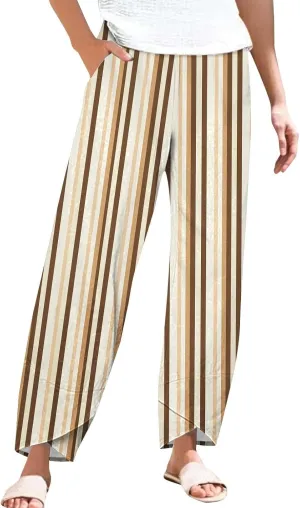 Women's Striped Printed Elastic High Waist Wide Leg Cropped Pants Casual Summer Beach Trousers for Women with Pocket
