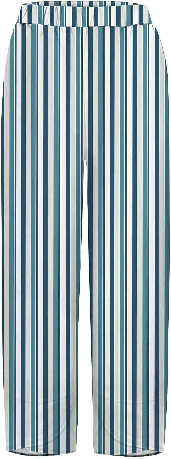 Women's Striped Printed Elastic High Waist Wide Leg Cropped Pants Casual Summer Fall Trousers for Women with Pockets