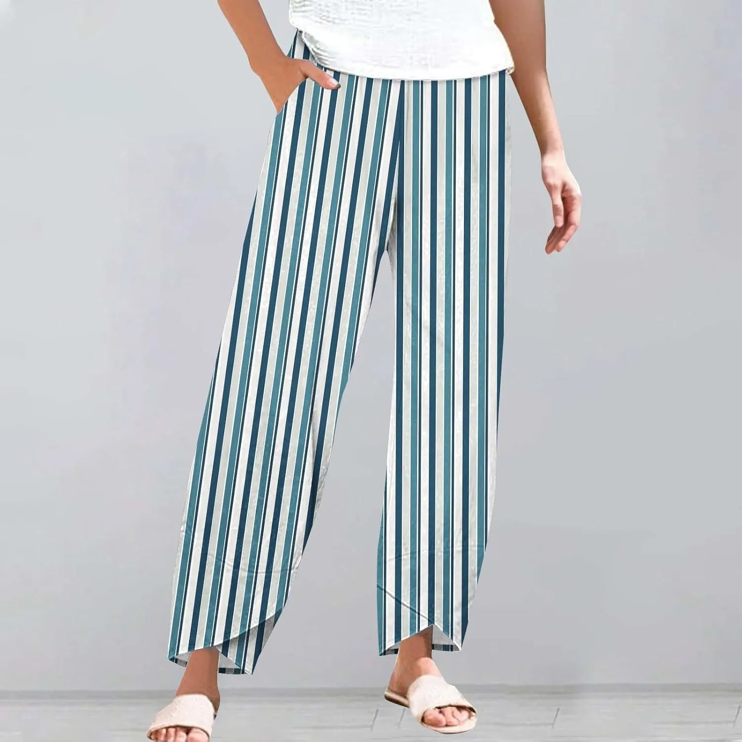 Women's Striped Printed Elastic High Waist Wide Leg Cropped Pants Casual Summer Fall Trousers for Women with Pockets