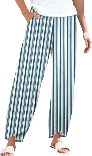 Women's Striped Printed Elastic High Waist Wide Leg Cropped Pants Casual Summer Fall Trousers for Women with Pockets