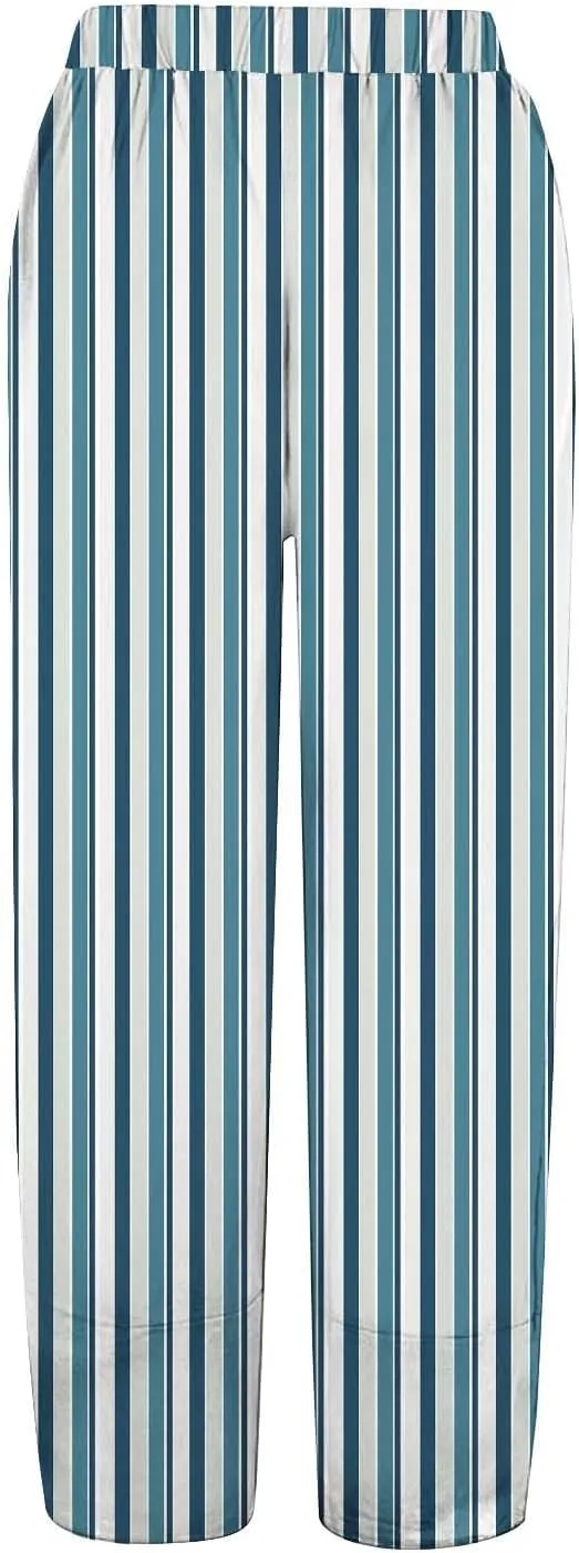 Women's Striped Printed Elastic High Waist Wide Leg Cropped Pants Casual Summer Fall Trousers for Women with Pockets