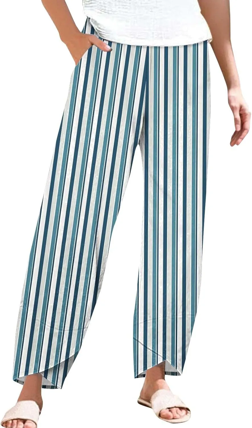 Women's Striped Printed Elastic High Waist Wide Leg Cropped Pants Casual Summer Fall Trousers for Women with Pockets