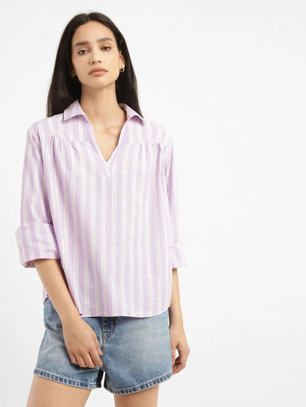 Women's Striped Spread Collar Top