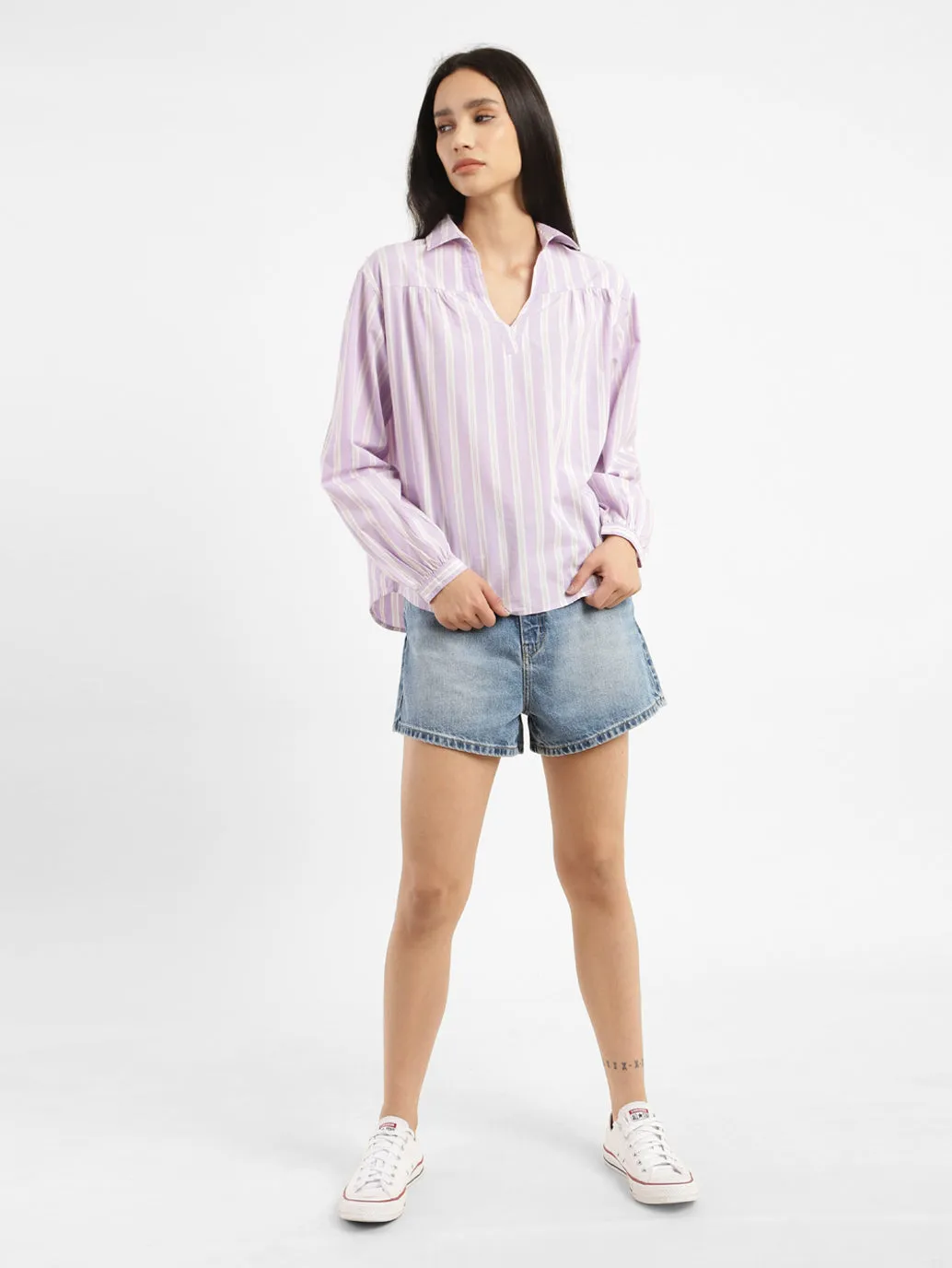 Women's Striped Spread Collar Top
