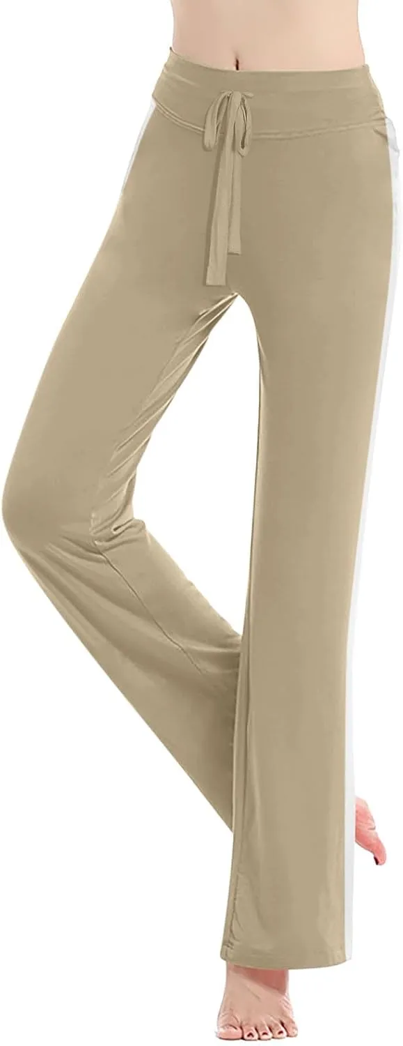 Women's Striped Wide Leg Pants High Waist Drawstring Yoga Pants Tummy Control Straight Leg Gym Workout Athletic Pants