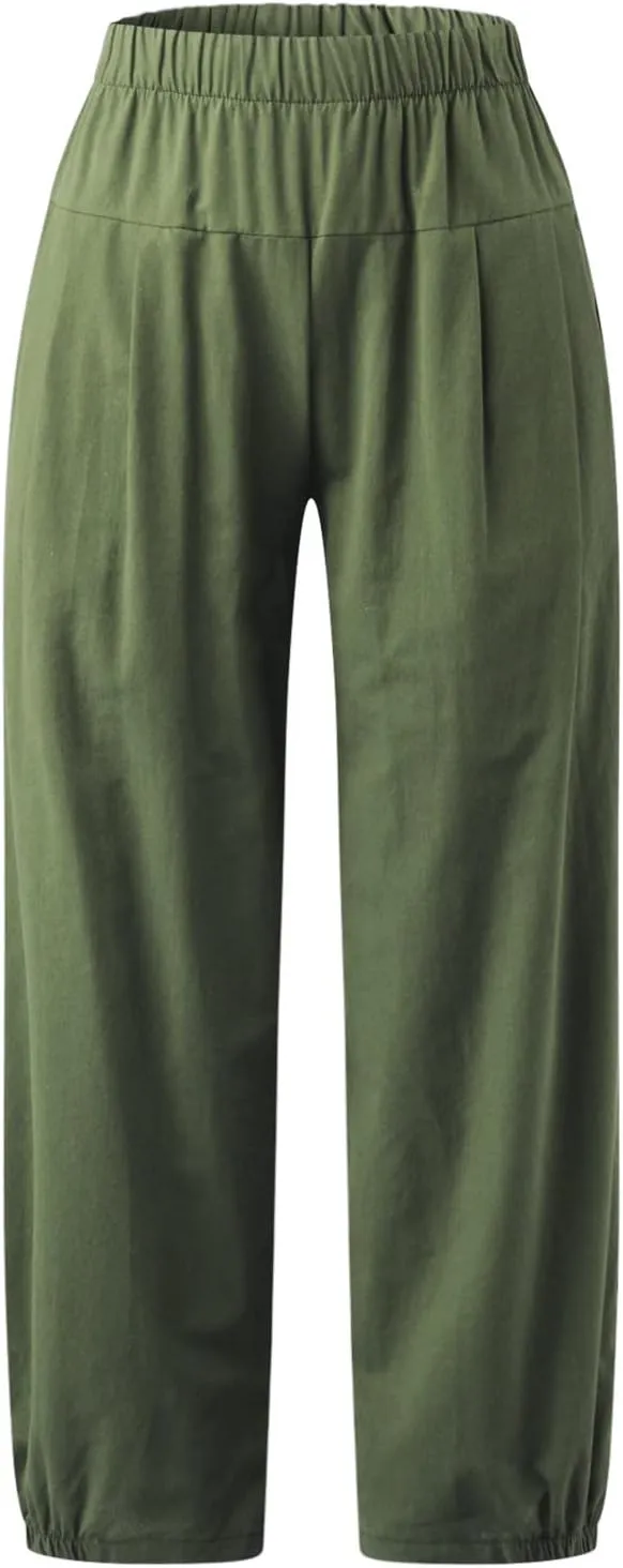 Womens Summer Harem Capri Pants Elastic Waist Casual Business Loose Work Slacks Lounge Cropped Trousers with Pockets