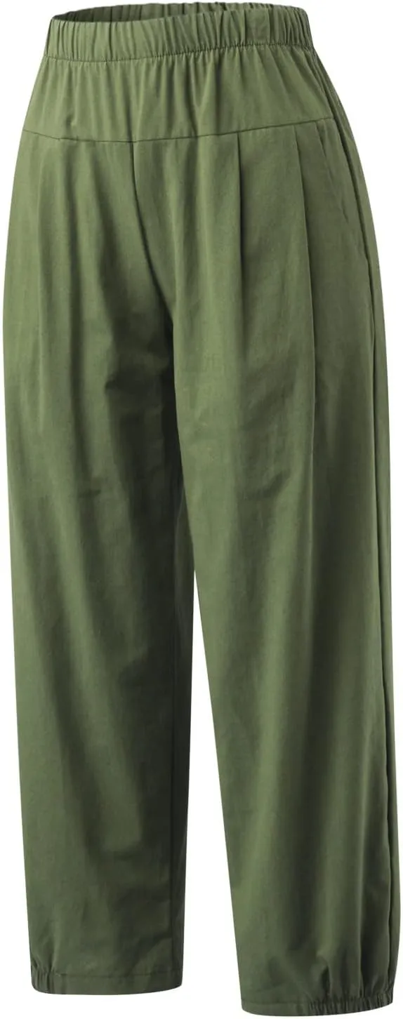 Womens Summer Harem Capri Pants Elastic Waist Casual Business Loose Work Slacks Lounge Cropped Trousers with Pockets