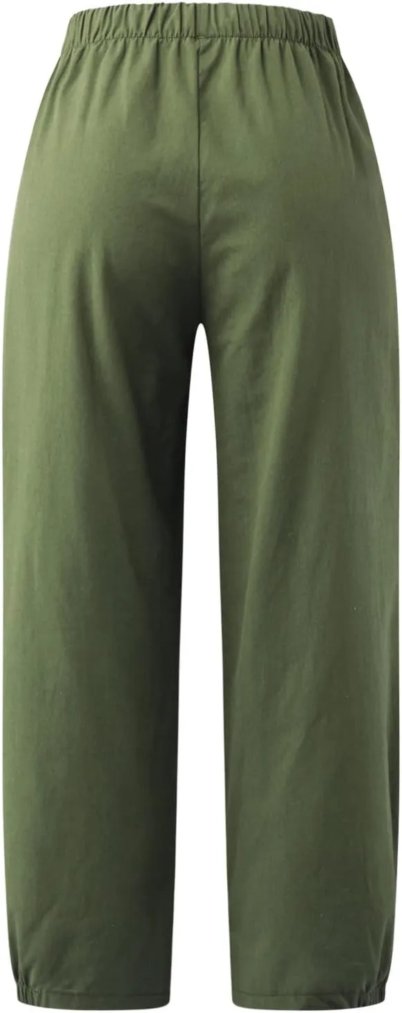 Womens Summer Harem Capri Pants Elastic Waist Casual Business Loose Work Slacks Lounge Cropped Trousers with Pockets