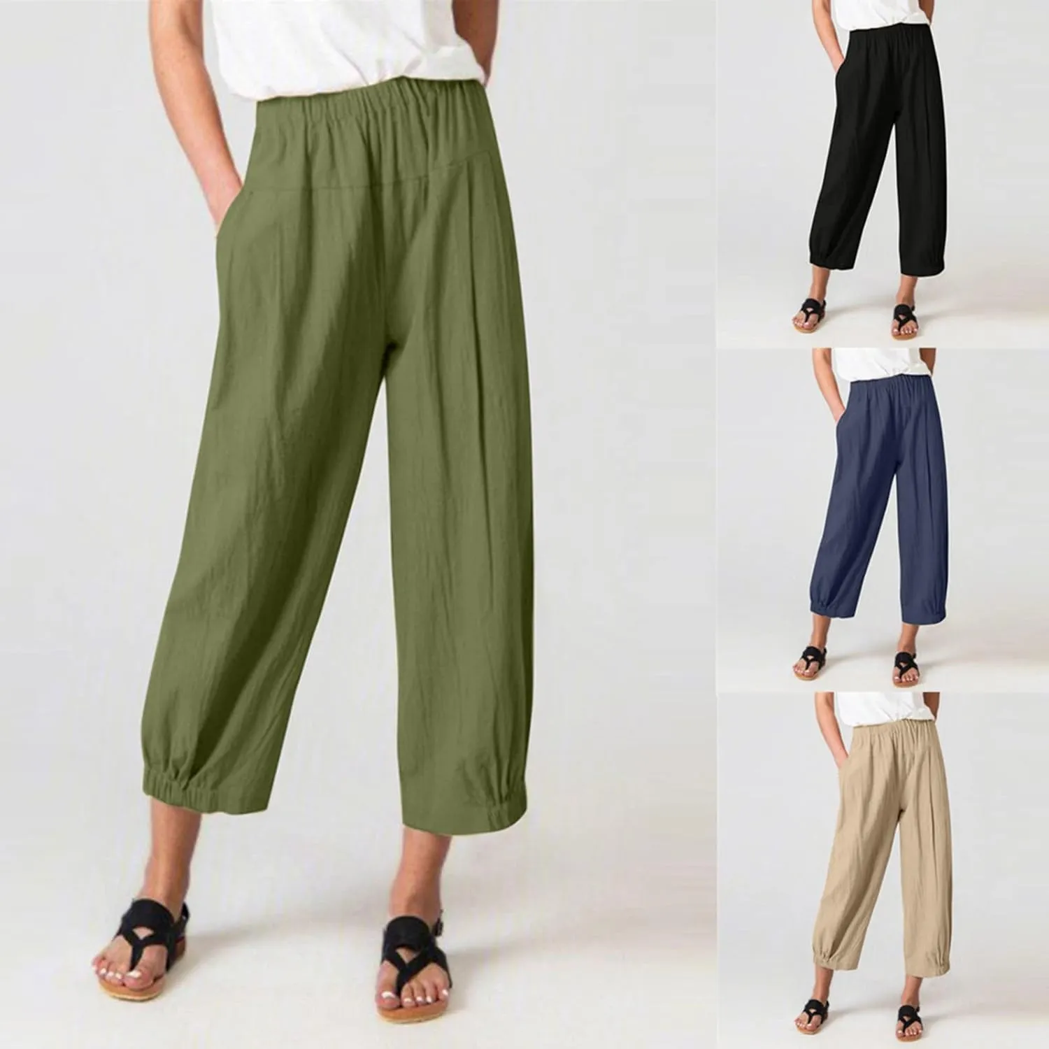 Womens Summer Harem Capri Pants Elastic Waist Casual Business Loose Work Slacks Lounge Cropped Trousers with Pockets