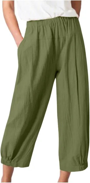 Womens Summer Harem Capri Pants Elastic Waist Casual Business Loose Work Slacks Lounge Cropped Trousers with Pockets