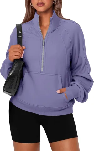 Women's Sweatshirts Fleece Lined Half Zipper Crop Pullover Tops Funnel Neck Long Sleeve Sweater Thumb Hole