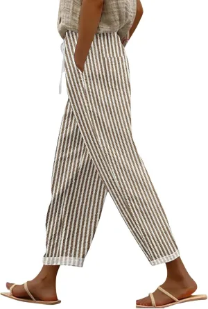 Women's Vintage Linen Capri Pants High Elastic Waist Wide Leg Capri Casual Beach Palazzo Trousers with Pockets