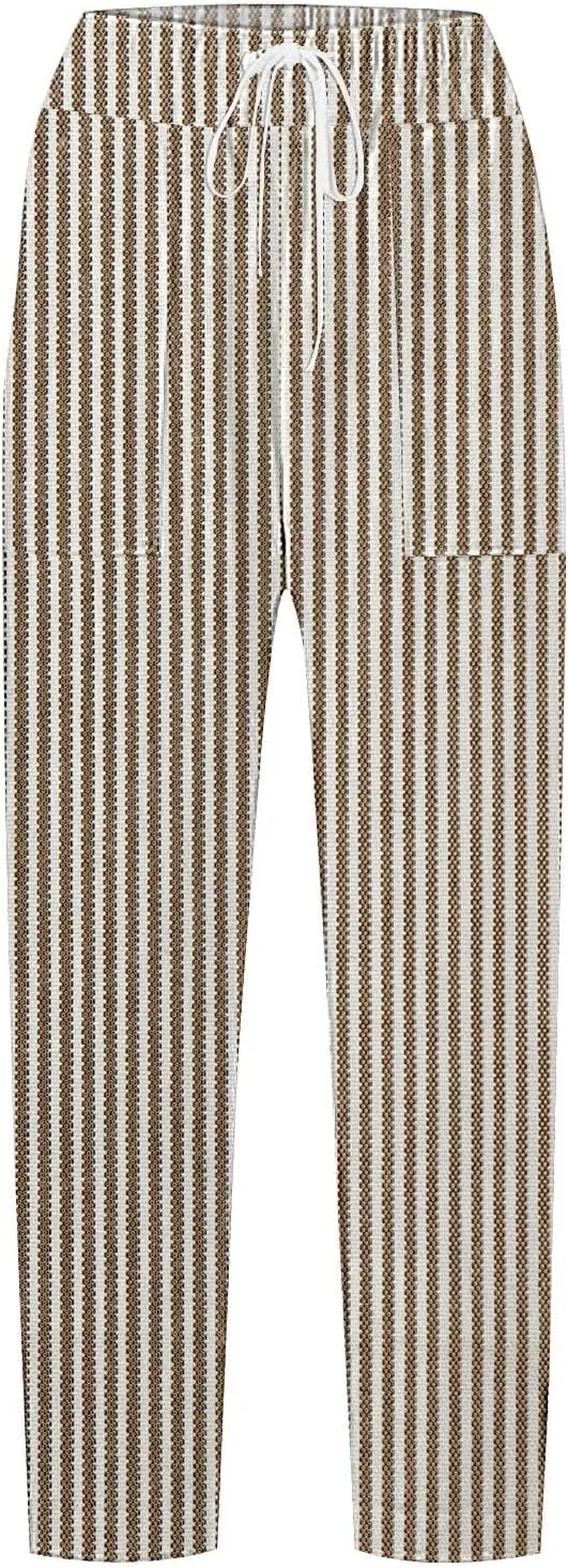 Women's Vintage Linen Capri Pants High Elastic Waist Wide Leg Capri Casual Beach Palazzo Trousers with Pockets