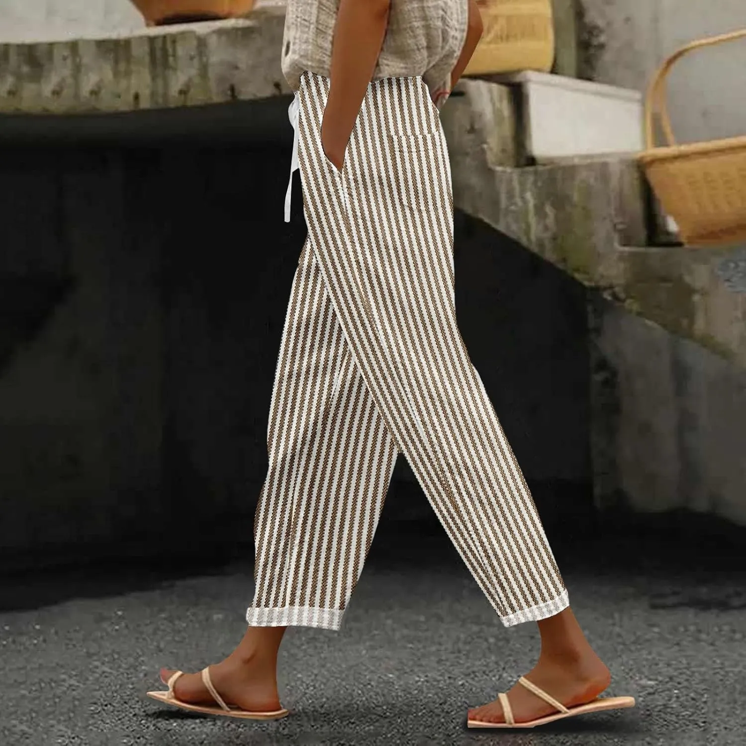 Women's Vintage Linen Capri Pants High Elastic Waist Wide Leg Capri Casual Beach Palazzo Trousers with Pockets