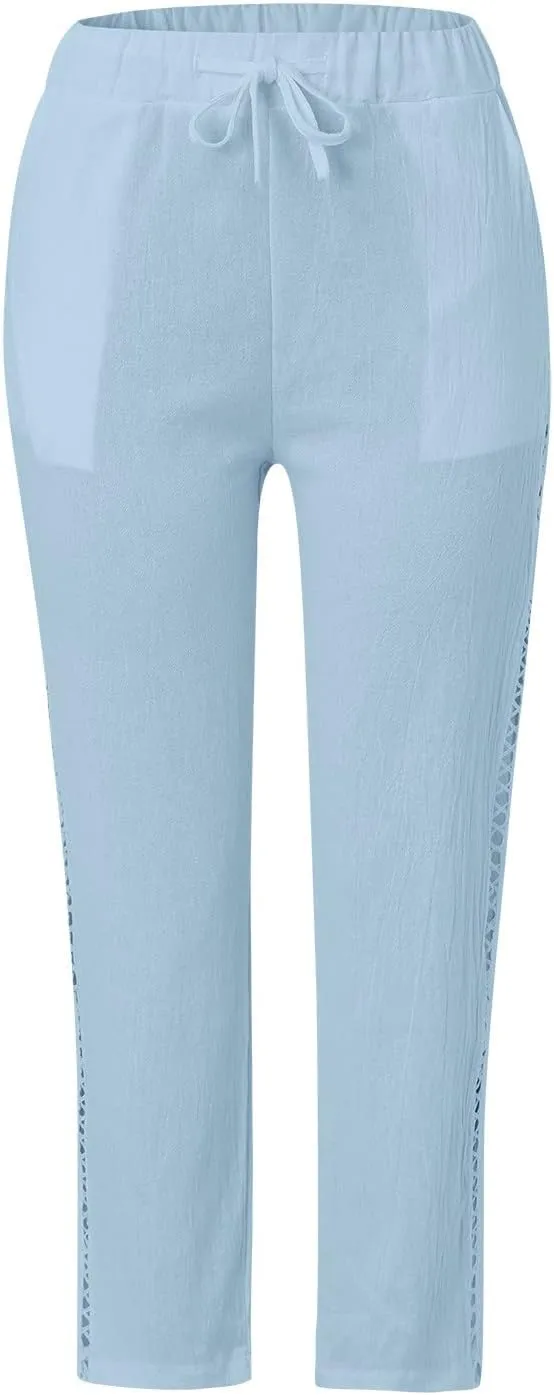 Womens Wide Leg Crop Pants Casual Drawstring Baggy Loose Linen Pants with Pockets Plus Size HIgh Waist Linen Pants