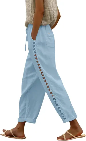 Womens Wide Leg Crop Pants Casual Drawstring Baggy Loose Linen Pants with Pockets Plus Size HIgh Waist Linen Pants