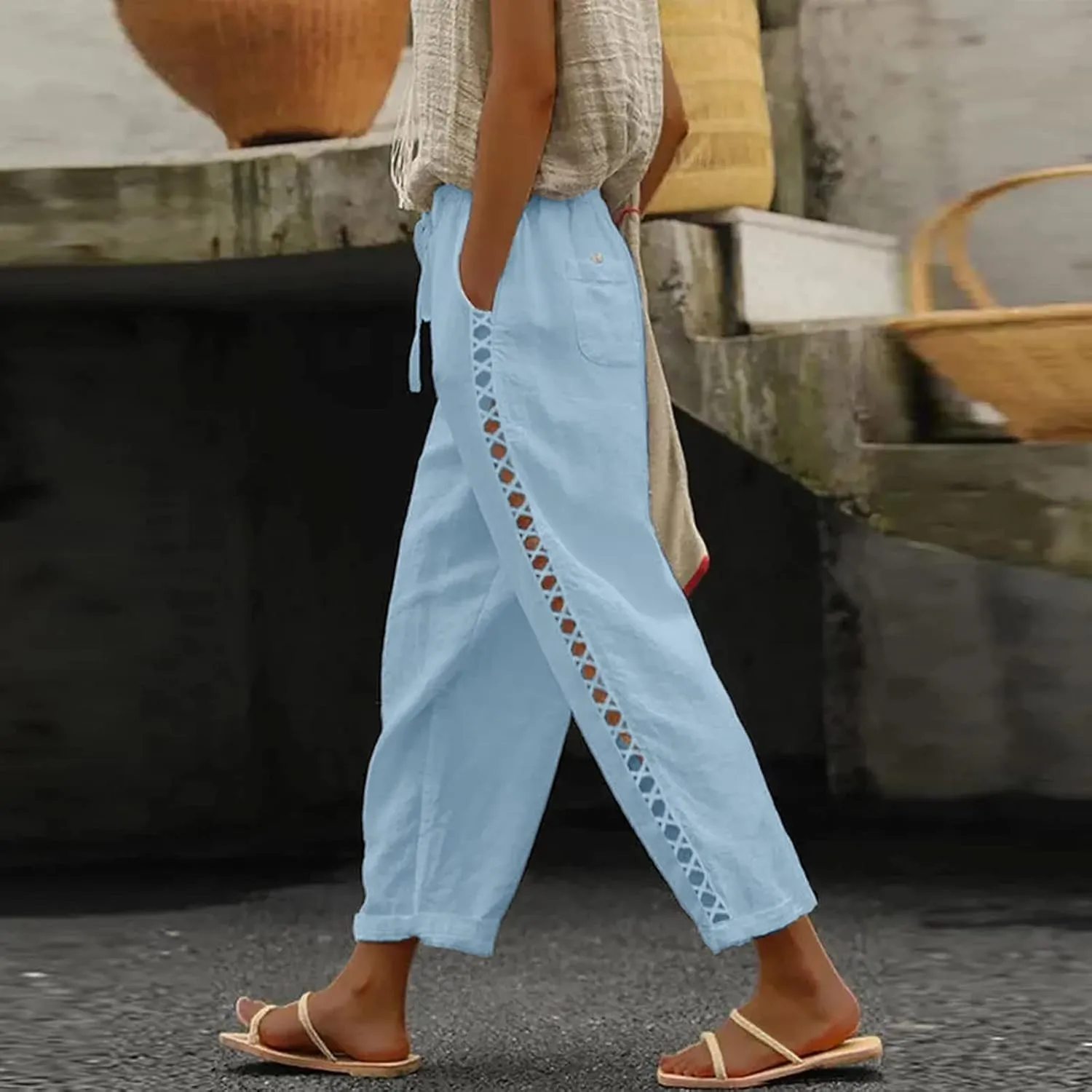 Womens Wide Leg Crop Pants Casual Drawstring Baggy Loose Linen Pants with Pockets Plus Size HIgh Waist Linen Pants