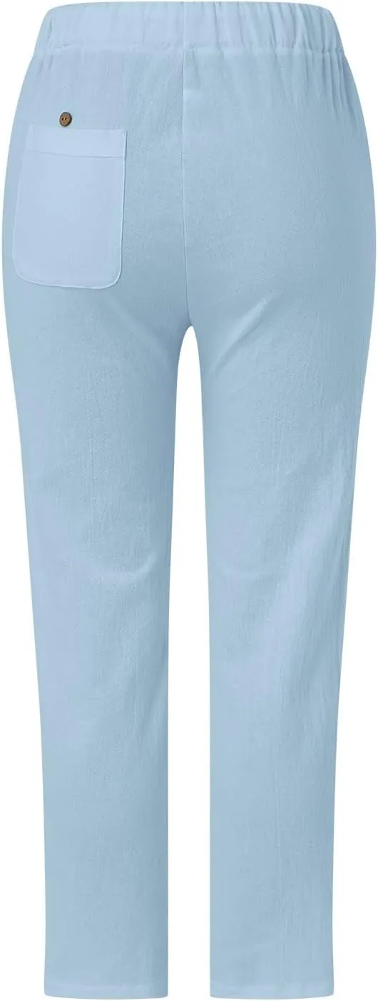 Womens Wide Leg Crop Pants Casual Drawstring Baggy Loose Linen Pants with Pockets Plus Size HIgh Waist Linen Pants
