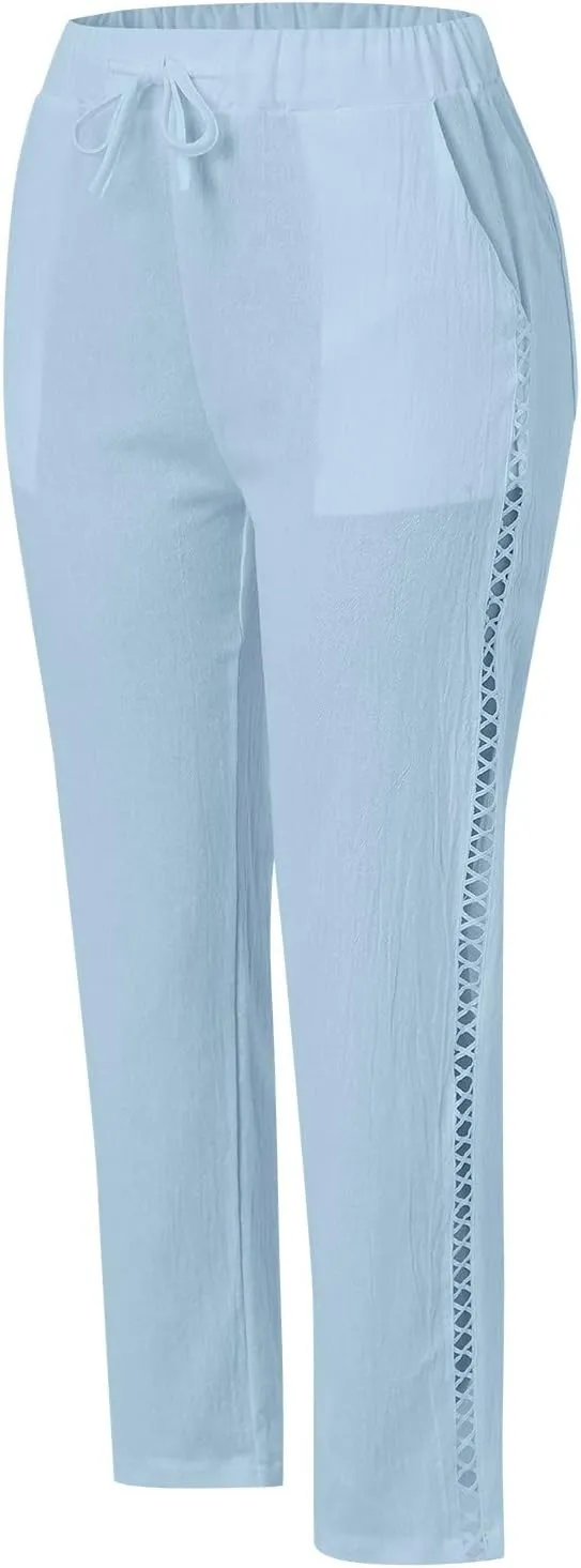 Womens Wide Leg Crop Pants Casual Drawstring Baggy Loose Linen Pants with Pockets Plus Size HIgh Waist Linen Pants