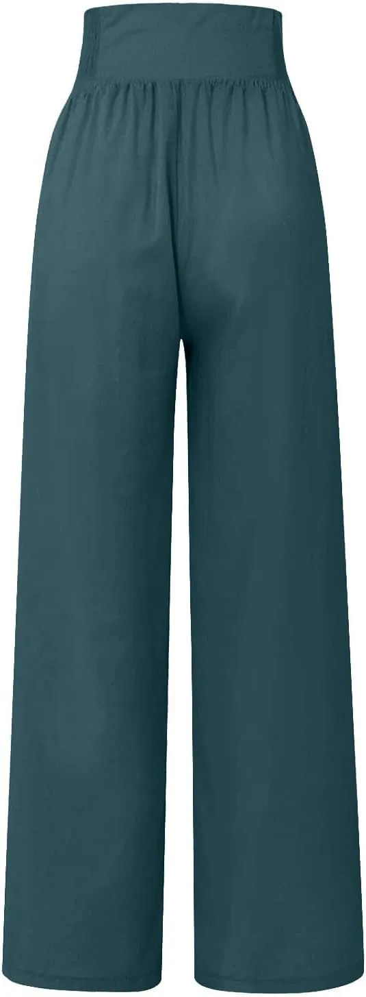 Womens Wide Leg Pants Boho Smocked High Elastic Waist in The Back Palazzo Trousers with Pockets Lounge Vacation Pants