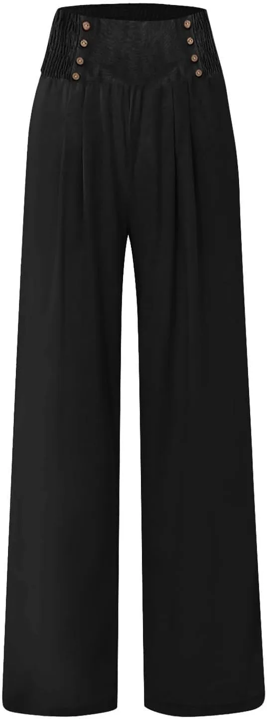 Womens Wide Leg Pants Boho Smocked High Elastic Waist in The Back Palazzo Trousers with Pockets Lounge Vacation Pants