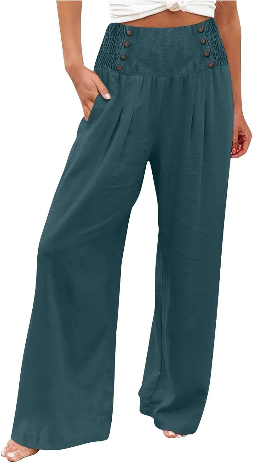 Womens Wide Leg Pants Boho Smocked High Elastic Waist in The Back Palazzo Trousers with Pockets Lounge Vacation Pants