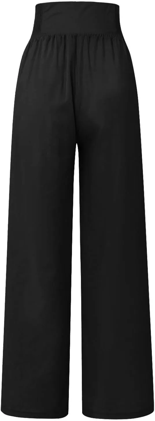 Womens Wide Leg Pants Boho Smocked High Elastic Waist in The Back Palazzo Trousers with Pockets Lounge Vacation Pants