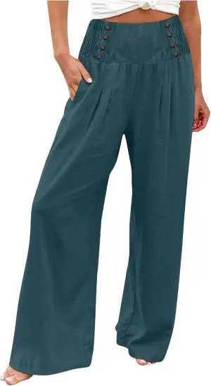 Womens Wide Leg Pants Boho Smocked High Elastic Waist in The Back Palazzo Trousers with Pockets Lounge Vacation Pants