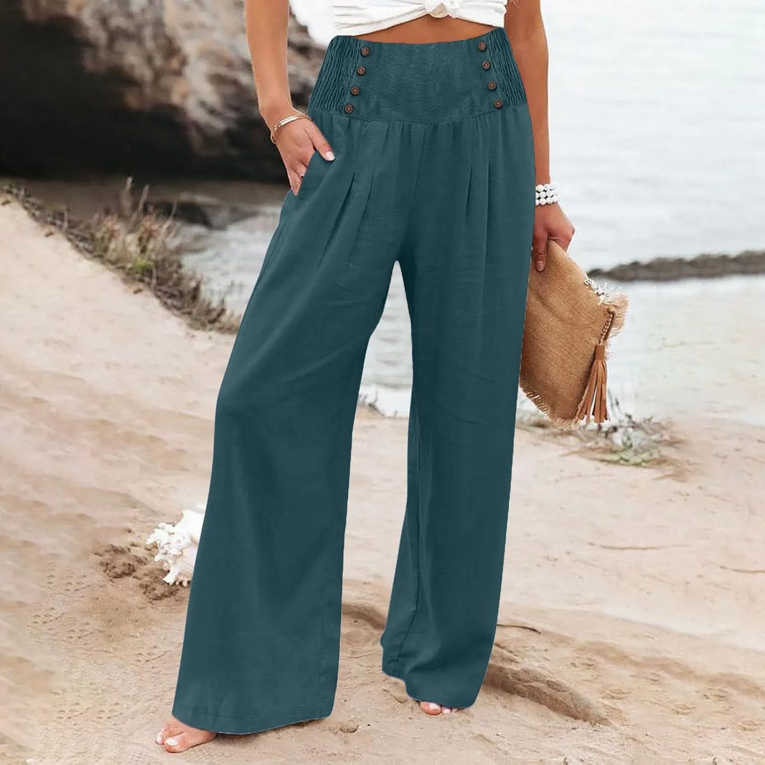 Womens Wide Leg Pants Boho Smocked High Elastic Waist in The Back Palazzo Trousers with Pockets Lounge Vacation Pants