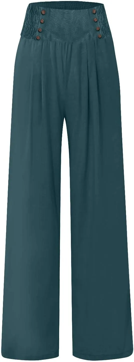 Womens Wide Leg Pants Boho Smocked High Elastic Waist in The Back Palazzo Trousers with Pockets Lounge Vacation Pants