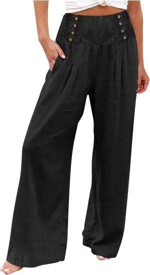 Womens Wide Leg Pants Boho Smocked High Elastic Waist in The Back Palazzo Trousers with Pockets Lounge Vacation Pants