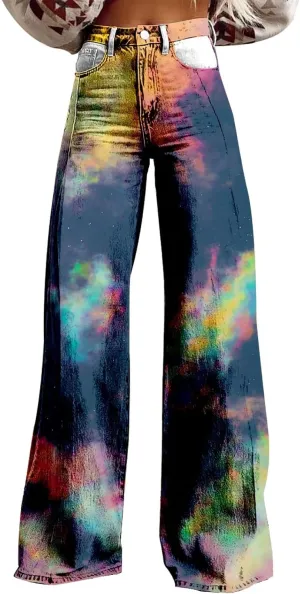 Womens Wide Leg Pants Casual Loose Color Block High Waist Button Up Stretch Lounge Trousers Vintage Streetwear Pants
