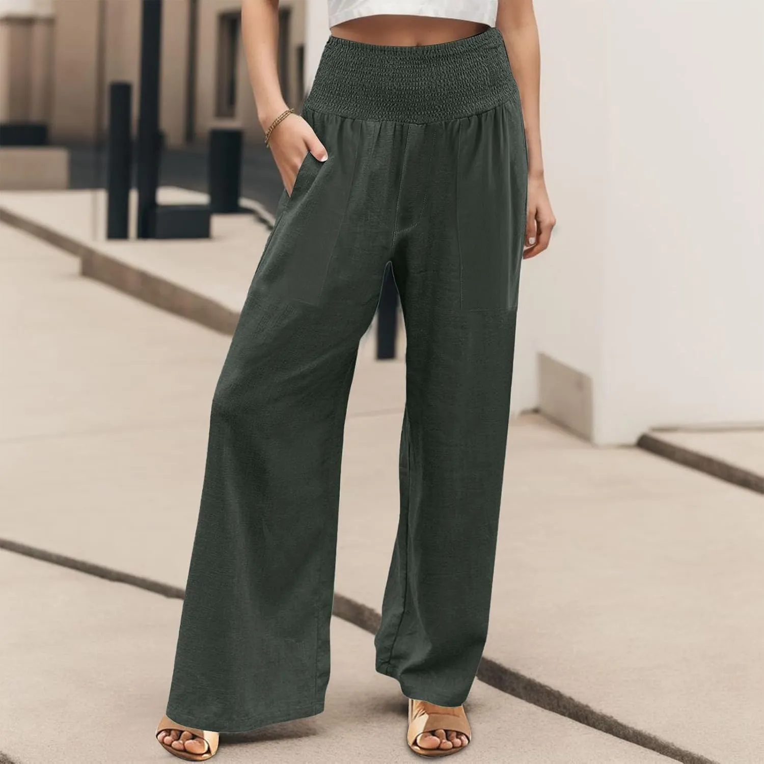 Womens Wide Leg Pants Fall Plus Size Loose Cotton and Linen Casual Pants Cute Pants Vacation Clothes for Women Linen