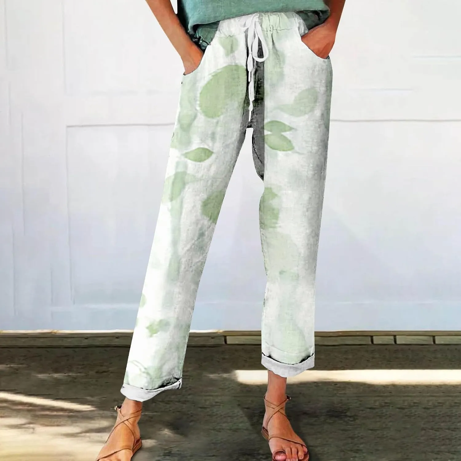 Women's Wide Leg Pants Summer Outfits Drawstring Elastic Waist Pants High Waisted Trousers Casual Beach