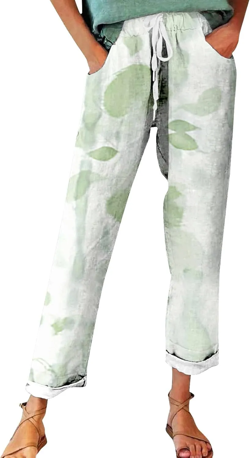 Women's Wide Leg Pants Summer Outfits Drawstring Elastic Waist Pants High Waisted Trousers Casual Beach