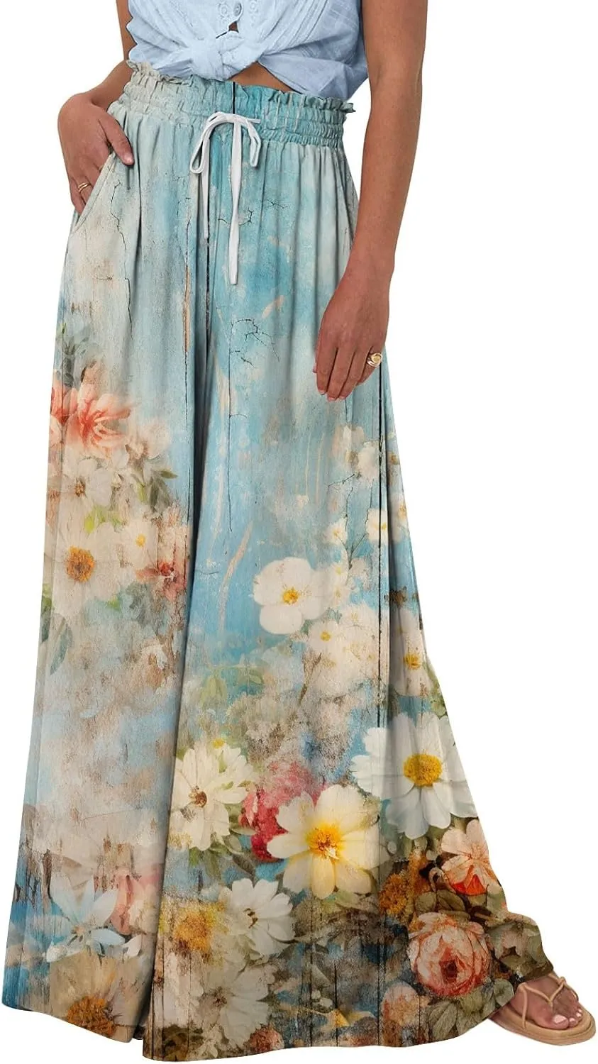 Womens Wide Leg Pants Women's Casual Trendy Loose Fit Elastic High Waist Wide Leg Trousers Flowy Long Pants
