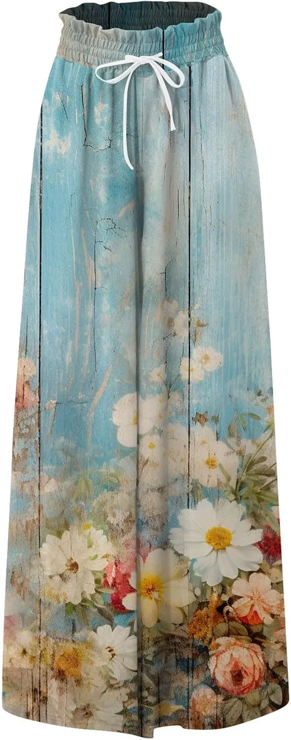 Womens Wide Leg Pants Women's Casual Trendy Loose Fit Elastic High Waist Wide Leg Trousers Flowy Long Pants