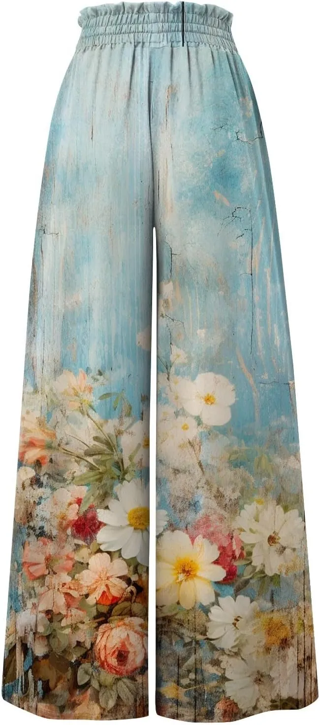 Womens Wide Leg Pants Women's Casual Trendy Loose Fit Elastic High Waist Wide Leg Trousers Flowy Long Pants