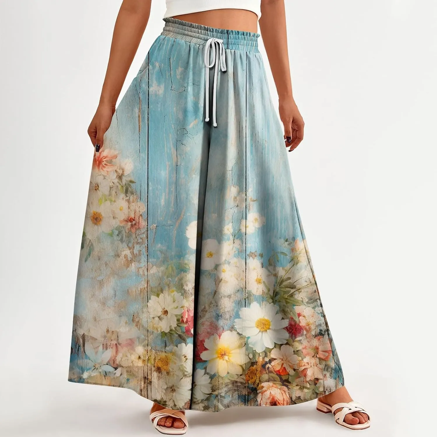 Womens Wide Leg Pants Women's Casual Trendy Loose Fit Elastic High Waist Wide Leg Trousers Flowy Long Pants
