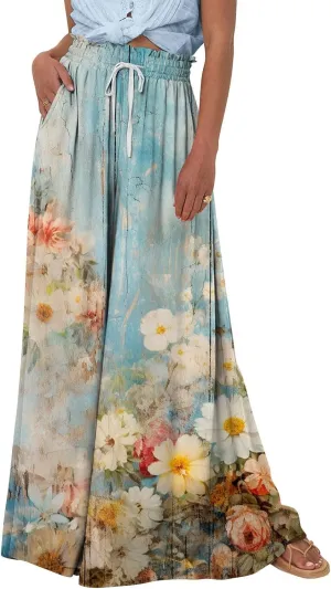 Womens Wide Leg Pants Women's Casual Trendy Loose Fit Elastic High Waist Wide Leg Trousers Flowy Long Pants