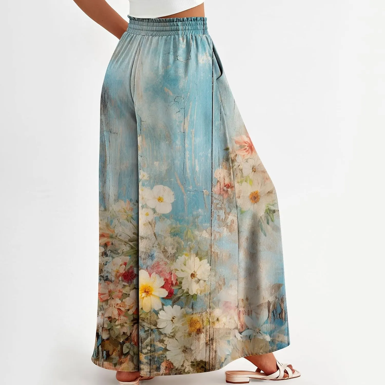 Womens Wide Leg Pants Women's Casual Trendy Loose Fit Elastic High Waist Wide Leg Trousers Flowy Long Pants