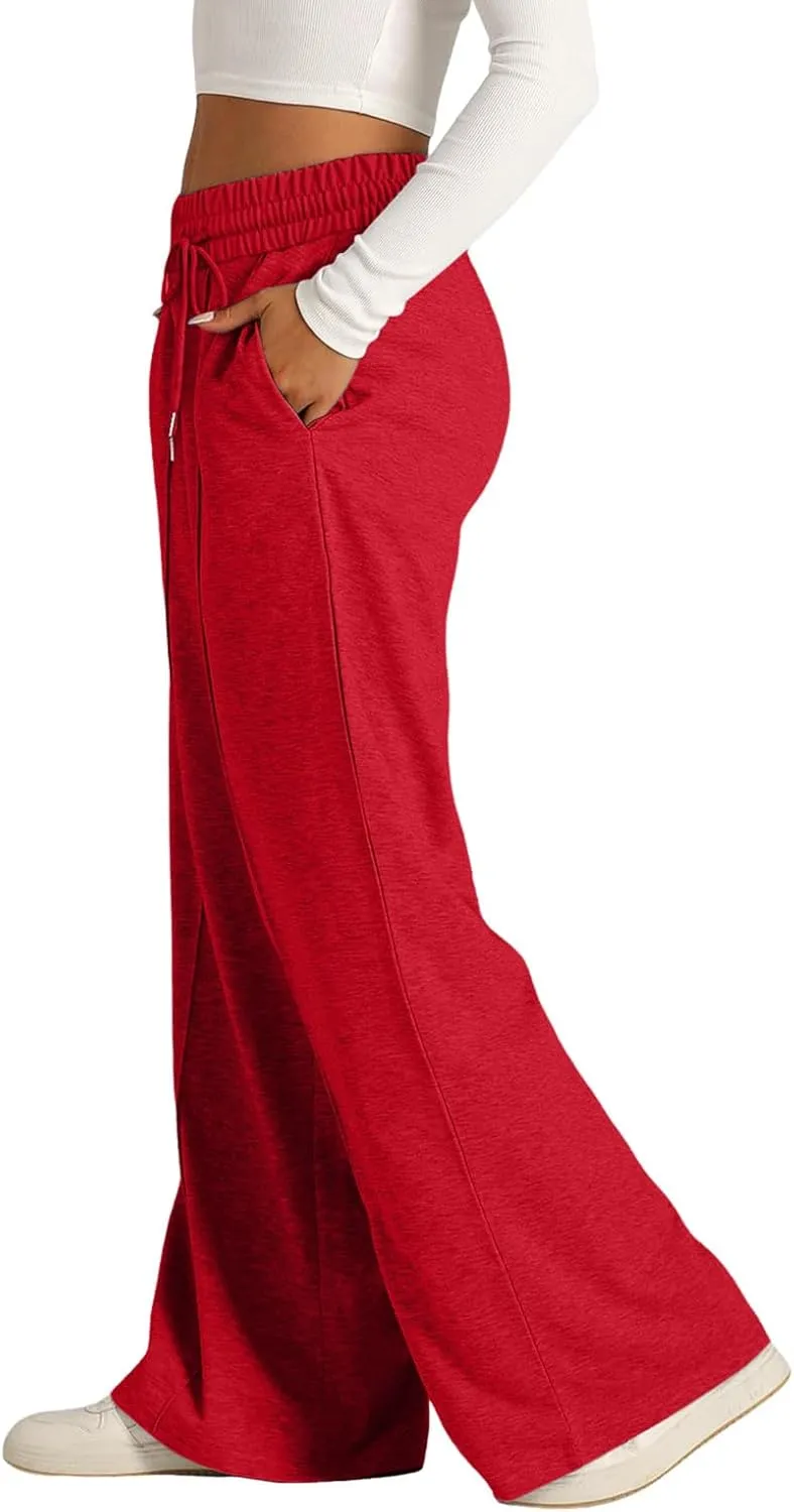 Womens Wide Leg Sweatpants Lightweight High Waisted Baggy Sweat Pants Drawstring Workout Athletic Joggers with Pocket