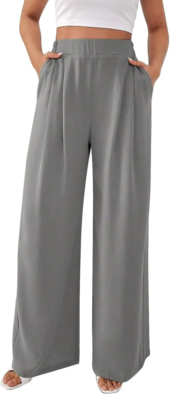Women's Wide Leg Work Pants High Waist Elastic Dress Lightweight Palazzo Pant Business Casual Trousers with Pockets