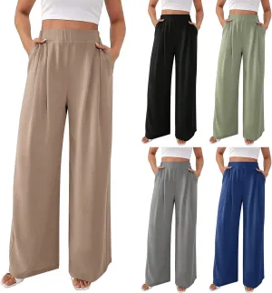 Women's Wide Leg Work Pants High Waist Elastic Dress Lightweight Palazzo Pant Business Casual Trousers with Pockets