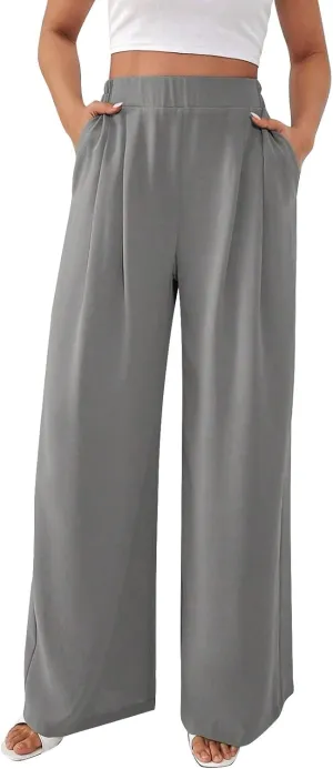 Women's Wide Leg Work Pants High Waist Elastic Dress Lightweight Palazzo Pant Business Casual Trousers with Pockets