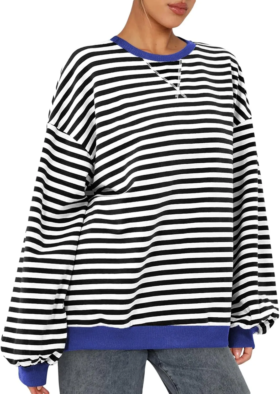 Wowcarbazole Women's Striped Sweatshirts Long Sleeve Crewneck Oversized Hoodies Casual Color Block Loose Pullover Tops