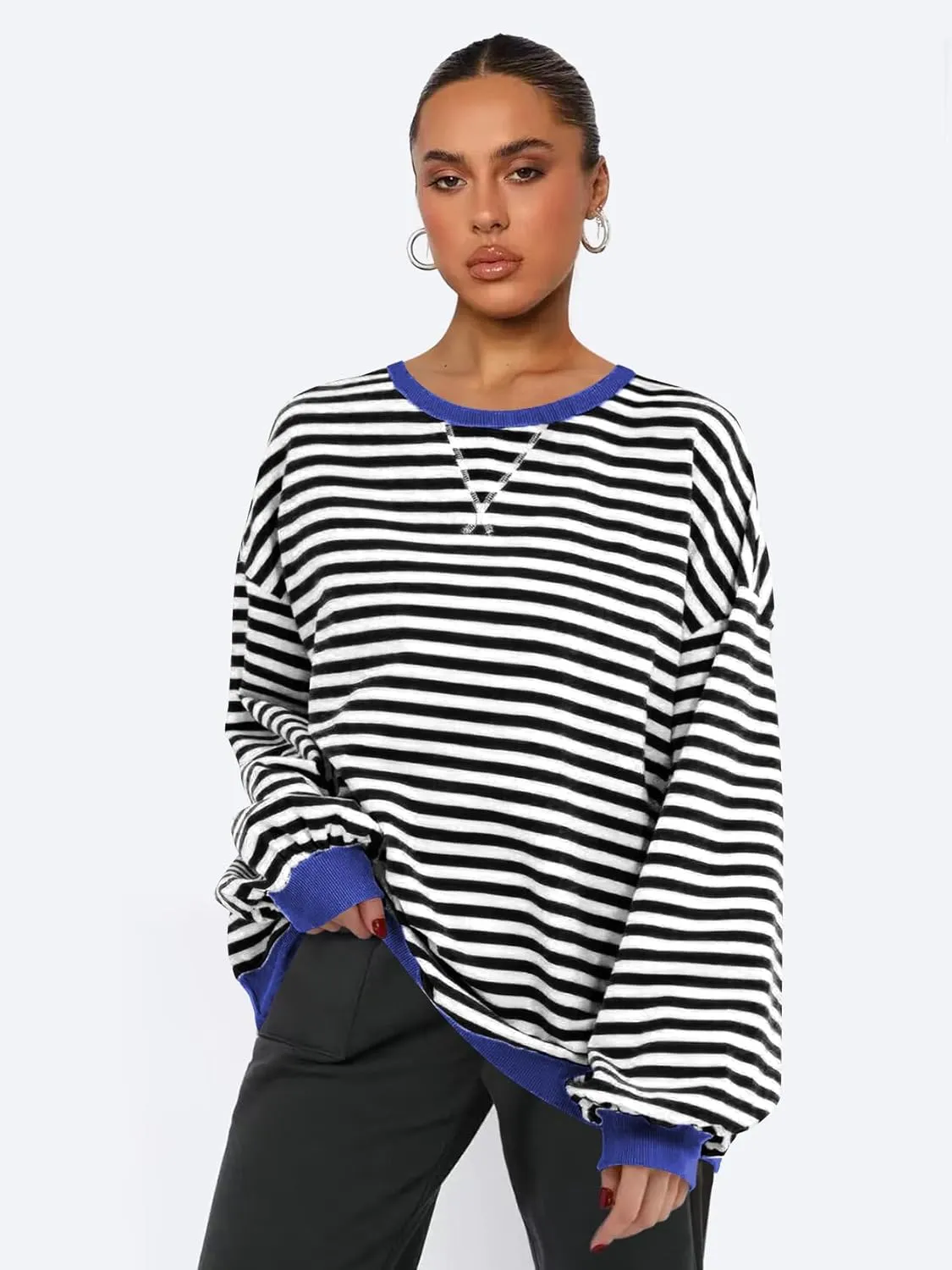 Wowcarbazole Women's Striped Sweatshirts Long Sleeve Crewneck Oversized Hoodies Casual Color Block Loose Pullover Tops