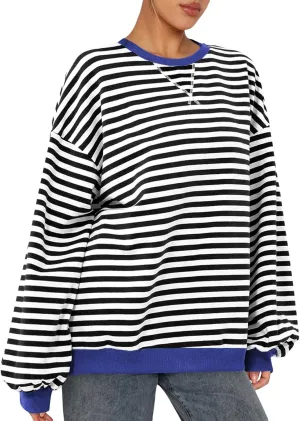 Wowcarbazole Women's Striped Sweatshirts Long Sleeve Crewneck Oversized Hoodies Casual Color Block Loose Pullover Tops