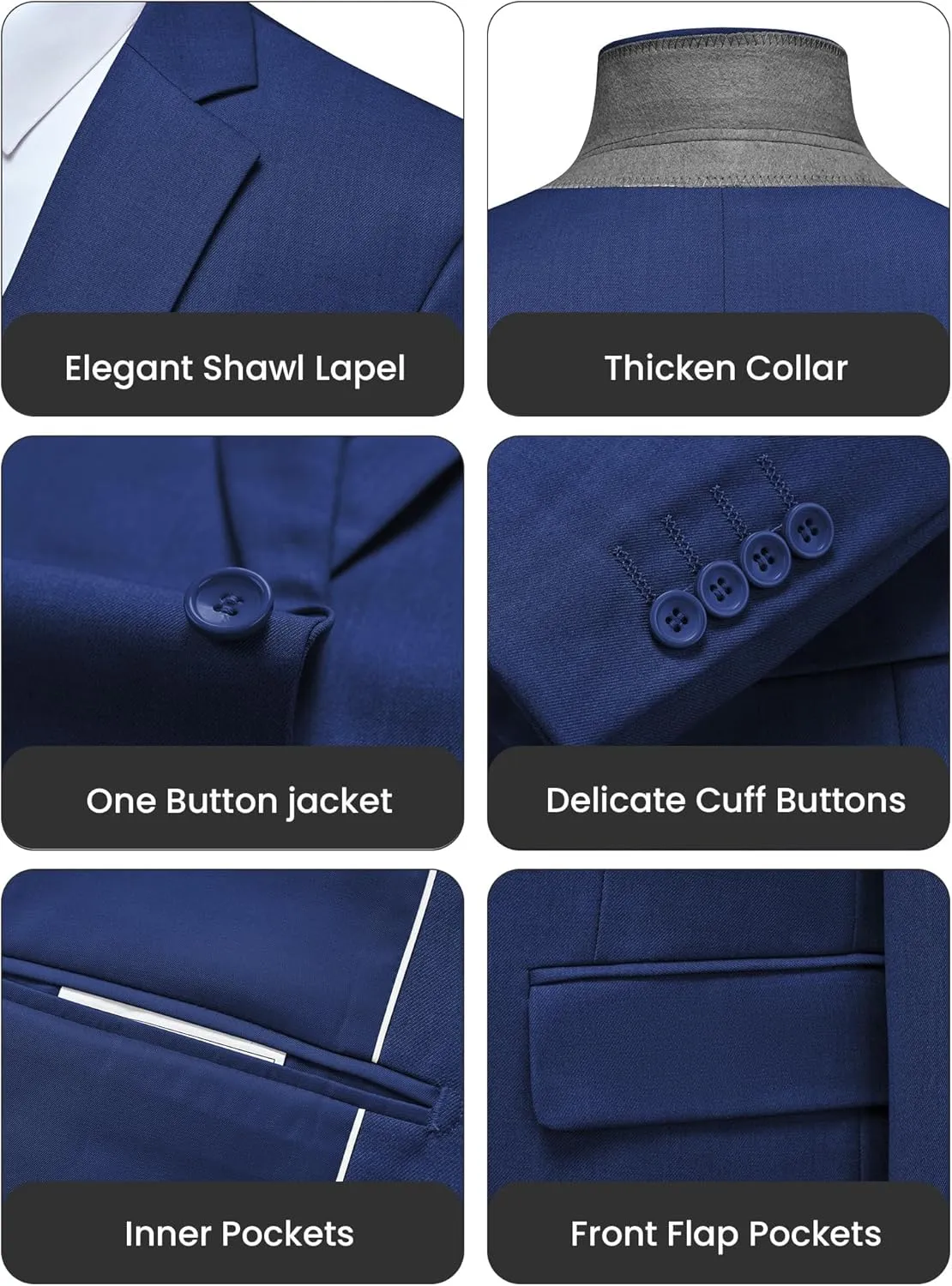 WULFUL Men's Slim Fit 3 Piece Suit, One Button Solid Blazer Business Party Jacket Vest Pants Set